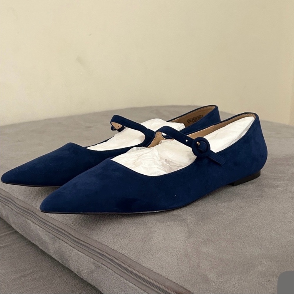 Ann Taylor Navy Blue Suede Mary Jane Buckle Pointy Toe Flats Size 9.5